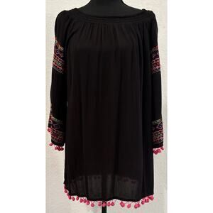 Ali Miles Black Embroidered Off Shoulder Tunic Top Pom Pom Trim Size XL